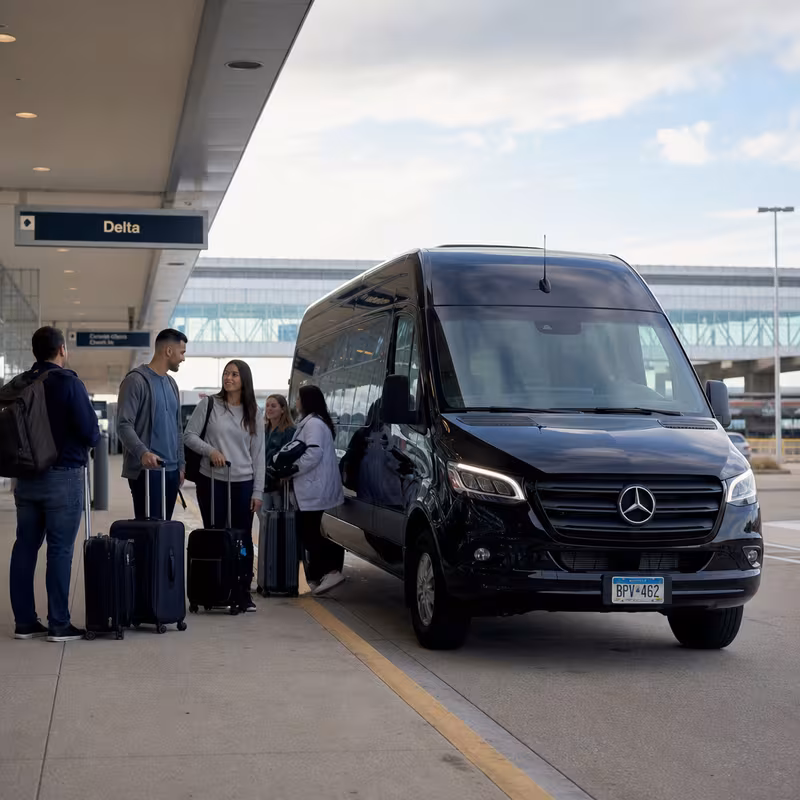 Group boarding a white charter bus for Airport Transportation transportation in St Paul