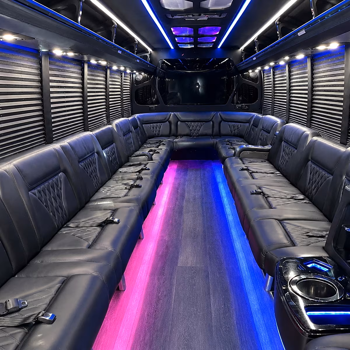 Interior of a party bus rental serving St. Paul