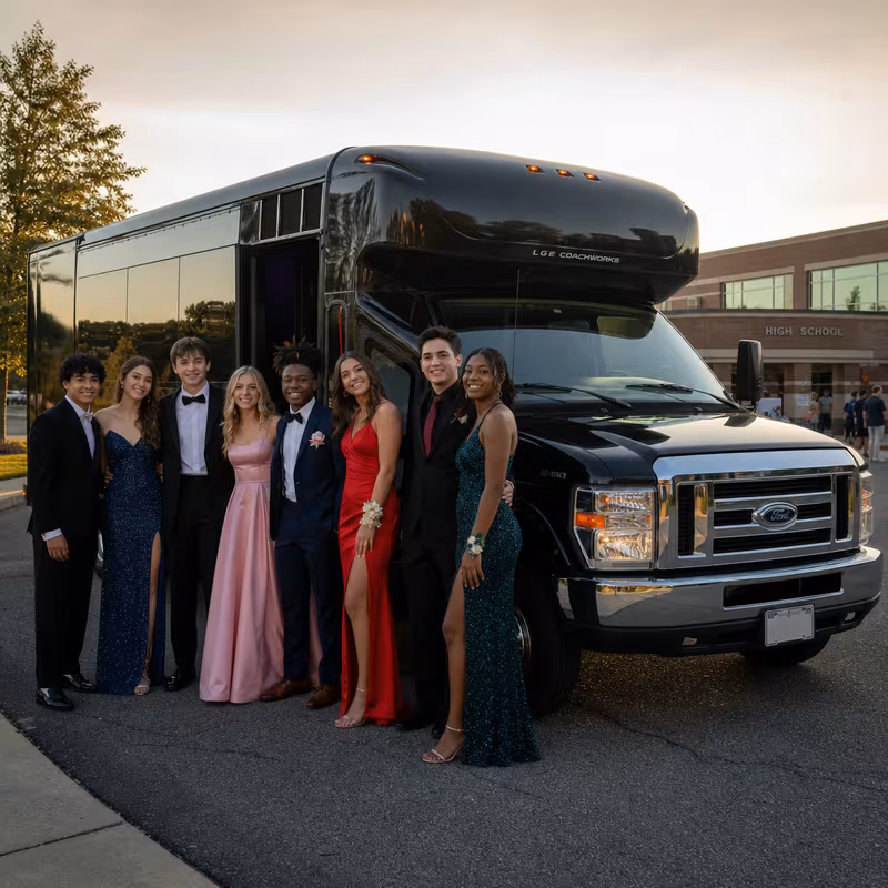 Group boarding a white charter bus for Prom & Homecoming Transportation transportation in St Paul